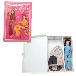 1970 Uneeda Dollikin Wardrobe Case Brunette Doll & Clothing Blue Jumpsuit